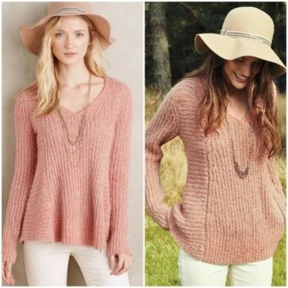 Anthropologie Moth Zipped Pullover Wool Blend Pink Popcorn Knit Sweater size S